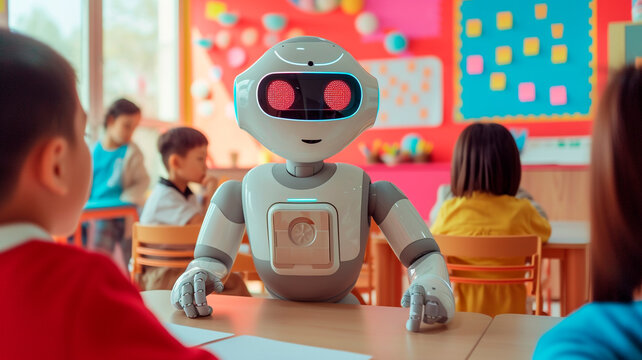 Image of a robot teacher helping children with lessons. new technologies in teaching, the use of artificial intelligence to teach children. Generative AI