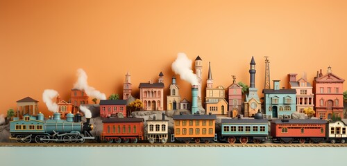 Obraz premium **high-resolution image showcasing a variety of toy trains arranged neatly, presenting an opportunity for text placement on a pastel orange background