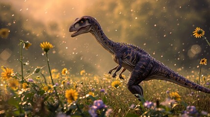 A Velociraptor standing in a field of wildflowers bathed in the soft light of a sun shower and savoring the rain on its scaly skin.