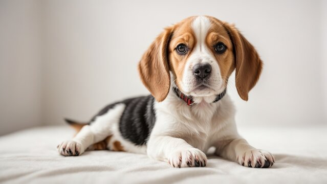 Cachorro beagle, echado, mirando al frente, sobre fondo blanco