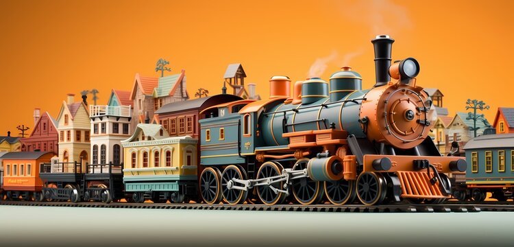 **high-resolution image showcasing a variety of toy trains arranged neatly, presenting an opportunity for text placement on a pastel orange background