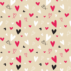 Red and white love heart seamless pattern hand-drawn illustration. Cute romantic chaotic hearts on a black background. Valentine's Day holiday backdrop vector.  Print on textile. Wrapping paper
