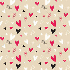 Red and white love heart seamless pattern hand-drawn illustration. Cute romantic chaotic hearts on a black background. Valentine's Day holiday backdrop vector.  Print on textile. Wrapping paper