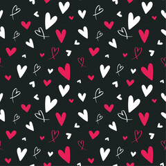 Red and white love heart seamless pattern hand-drawn illustration. Cute romantic chaotic hearts on a black background. Valentine's Day holiday backdrop vector.  Print on textile. Wrapping paper