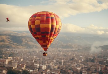 Fototapeta na wymiar Hot Air Balloon Soars Over City