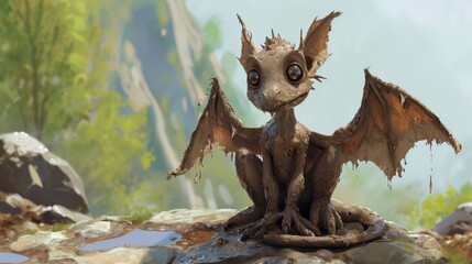 A baby pterodactyl covered in mud from head to toe sitting contentedly on a rock after a joyous day of playing in the mud.