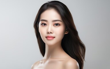 Asian women portrait. Beautiful young Asian woman with clean fresh skin isolated on white background. Face care, facial treatment, cosmetology, beauty and spa poster or banner. AI Generative.