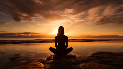 Against a serene backdrop of a beach at sunrise, a silhouette of a person engaged in meditation - obrazy, fototapety, plakaty