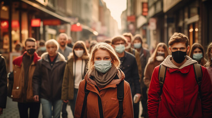 a bustling street in the Netherlands, with a prominent focus on a group of young individuals wearing face masks