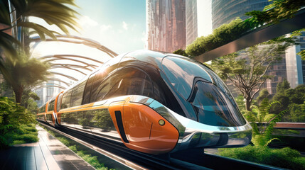 A moving high-speed electric train symbolizes progress and technological achievements. EcoMotion: ushering in a futuristic revolution in green transport.