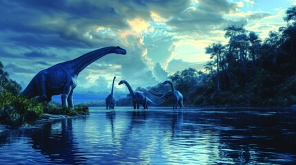 The gentle giants of the dinosaur world the brachiosauruses make their way across the river with ease their long necks towering above the water. - obrazy, fototapety, plakaty