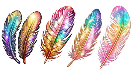 multicolored feathers on a transparent background. multicolored bird feathers isolated. Multicolored holographic gradient vibrant trendy. holographic sticker on a transparent background.