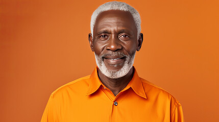 Handsome elegant, elderly African American man, on an orange background, banner, close-up, copy space.