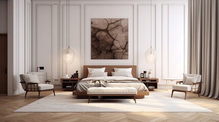 Modern vintage interior of Large bedroom, Blank frame on wall, 3D Rendering