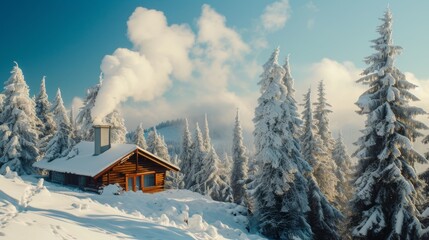 A cozy cabin with smoke rising from its chimney nestled in a snowy mountain forest scene.