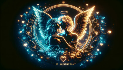 Fototapeta premium Two angels with hearts and wings. Angelcore style illustration, Happy St. Valentine's Day greeting card