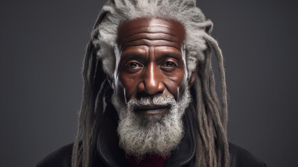 Handsome elderly black African American man with long dreadlocked hair, on a gray background, banner.
