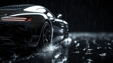 Racing sports car on neon highway. Powerful acceleration of a supercar on a night track with colorful lights and tracks. Blur at high speed. The light trail from the headlights.