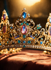 Fototapeta premium Beautiful silver tiara with diamonds on black background. selective focus. Generative AI,
