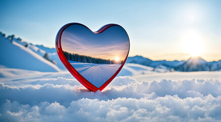 Heart shape reflective mirror on snowy background.