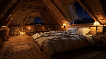 Sleeping room. The room has beds and sleeping blankets. The floor and ceiling are wooden.