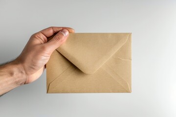 Fototapeta premium Human hand holding kraft envelope, front side, white background, natural light