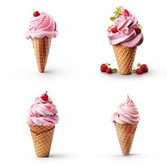 Four delicious and creamy strawberry ice creams in waffle cones. Pink ice cream scoops and swirls...