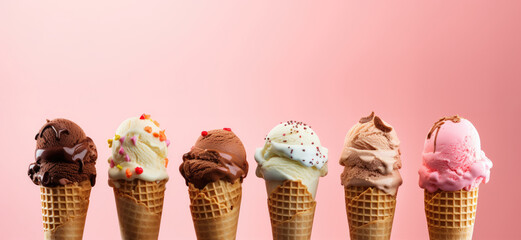 Row of delicious and colorful ice creams in cones. Ice cream scoops of various flavors on pink,...