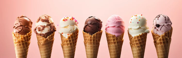 Fotobehang Row of delicious and colorful ice cream scoops in waffle cones of various flavors banner on pink, peach or salmon background. Summertime cold sweet dessert.  © cabado