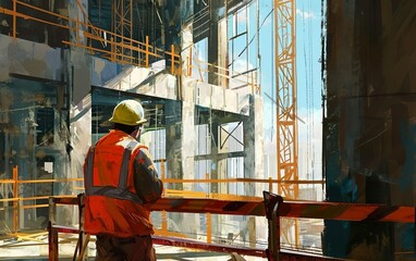 Naklejka na ściany i meble Construction workers in orange vests and helmets observing the construction area with cranes and concrete at the background. Working space, dangerous career concept. AI Generative.