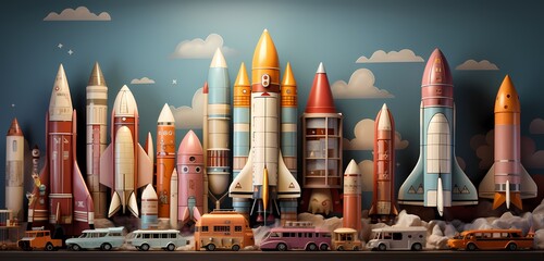 High-definition image capturing the vibrant colors of toy rockets and spaceships, strategically...