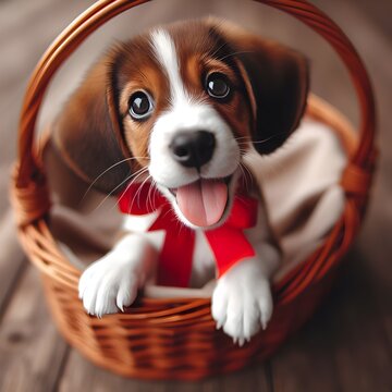 beagle puppy sitting in a basket  generated with Ai 
