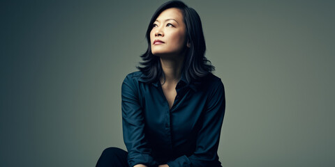 Seasoned Asian businesswoman portrait looking confident on a color copy space background
