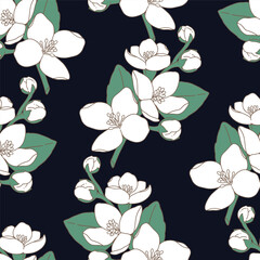 Seamless pattern of white flowers, Black tone background, Modern floral pattern, Vintage floral background, Pattern for design wallpaper, Floral print design, Gift wrap paper and fashion prints.