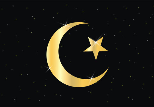 The star and crescent moon symbol of islam islamic icon for mosque or Ramadan banner, with night sky vector, gold shiny stars