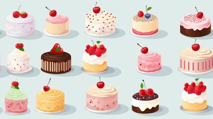 Seamless pattern with cakes and cherries.
