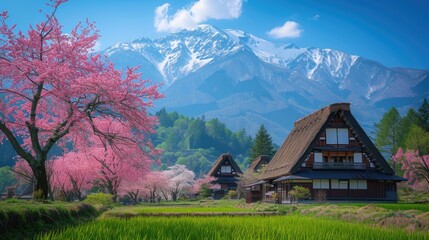 blooming pink cherry blossom trees and traditional japanese house style at countryside of Japan.
