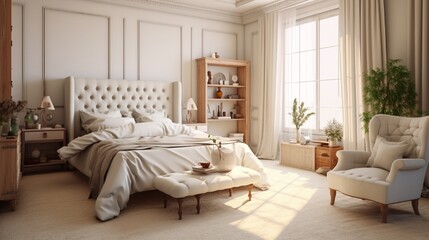 Unfinished project draft of vintage classic bedroom with soft bed full of pillows and blankets, white molded wall, wooden side chairs, elegant interior design, 3d illustration