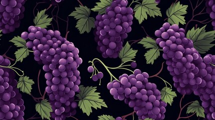Seamless pattern with bunch of grapes. Vector illustration on black background.