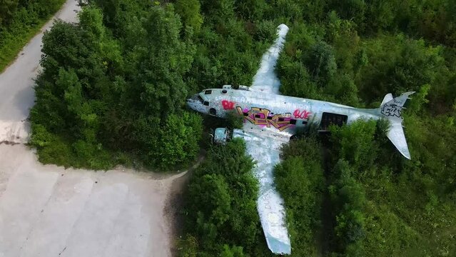 Aerial View Zeljava Air Base In Croatia And Abandoned Douglas C-47 Airplane