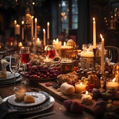 Christmas table decoration with candles, candlesticks, fruits and nuts