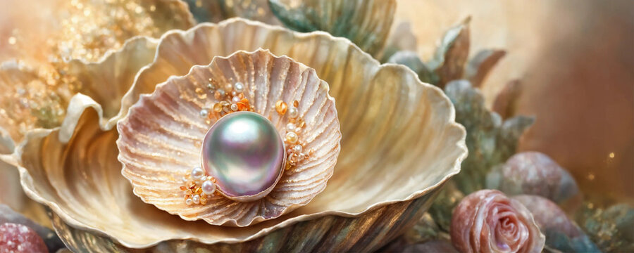 Natural pearls inside a shell. selective focus. Generative AI,