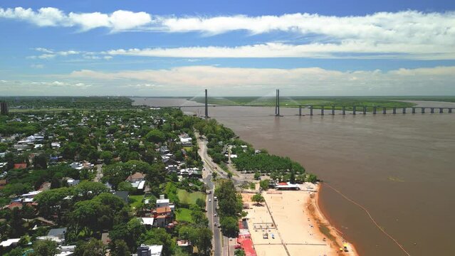 Rosario Argentina province of Santa Fe aerial images with drone of the city Views of the Parana River the florida beach with Rosario - Victoria bridge