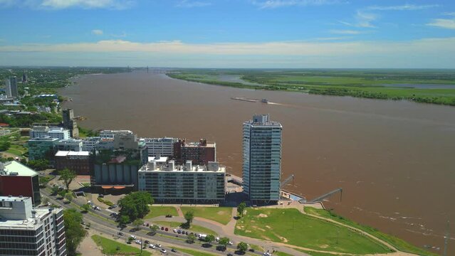 Banks of parana river Rosario Argentina province of Santa Fe aerial images with drone of the city Views of the Parana River