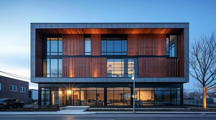 As you approach this office building you cant help but be drawn to its facade which is composed of an unexpected mix of materials such as wood concrete and metal giving off - obrazy, fototapety, plakaty