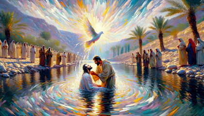 Jesus Emerges from the Water: The Baptism of Jesus Christ by John the Baptist and with the Holy Spirit in the form of a Dove in the Jordan River.