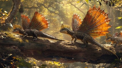 A group of dimetrodon basking in the warm sunlight on a large branch their colorful sail backs glinting in the dappled light.