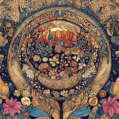 A sun, moon and stars in a circle with various flowers surrounding them.