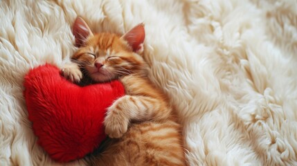 Kitten sleeping on the red heart-shaped pillow, top view, close-up