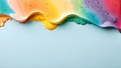 rainbow ice cream cone on pastel blue background.